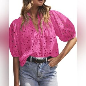 PrettyGarden Pink Ruffled Eyelet Top, Size Small